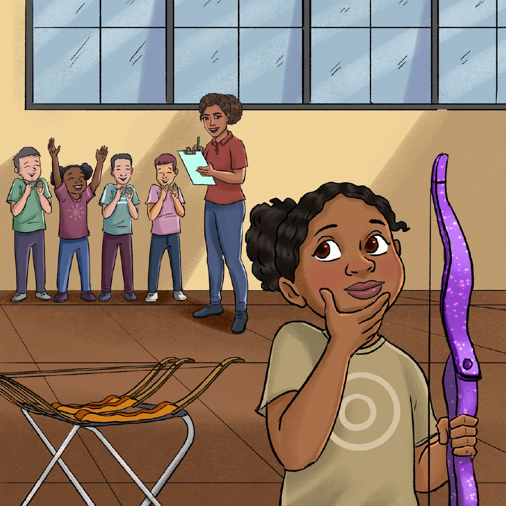 Jurni holds her little purple bow as classmates cheer for her
