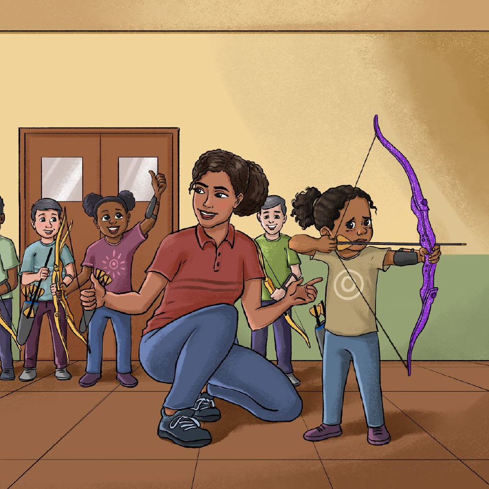 Jurni practicing archery with her purple bow while her teacher watches